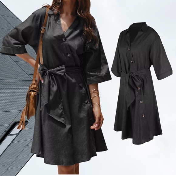 Boutique Dresses & Skirts - Black Denim Tie Waist Button Down V Neck Dress